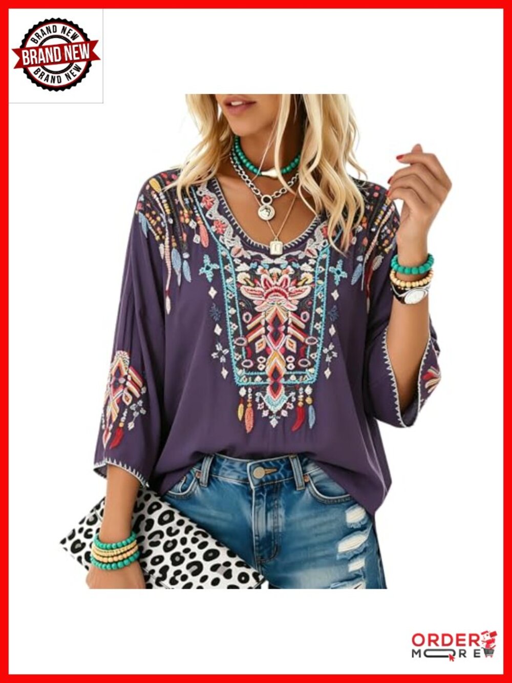Mexican Embroidered Boho Tunic Top Blouse Peasant Shirt